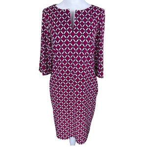 Laundry by Design 12P Burgundy Navy White Geo Moroccan Print Shift Midi Dress.